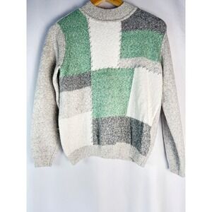 VTG Alfred Dunner Sweater PM Patchwork Knit Crew Neck Pullover‎ Green Gray White